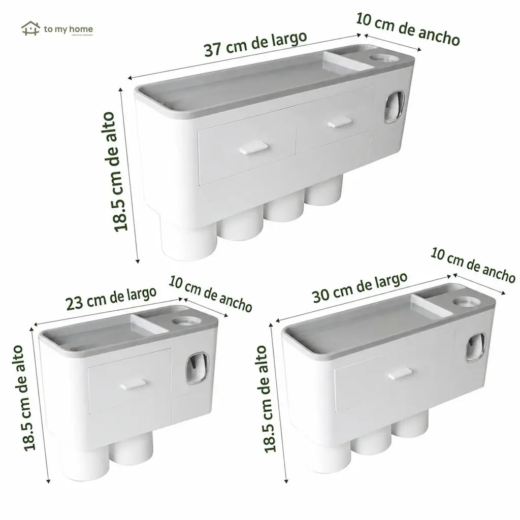 Soporte organizador para baño con dispensador automático doble, vasos invertidos y bandeja amplia para ahorrar espacio junto al lavabo cada mañana