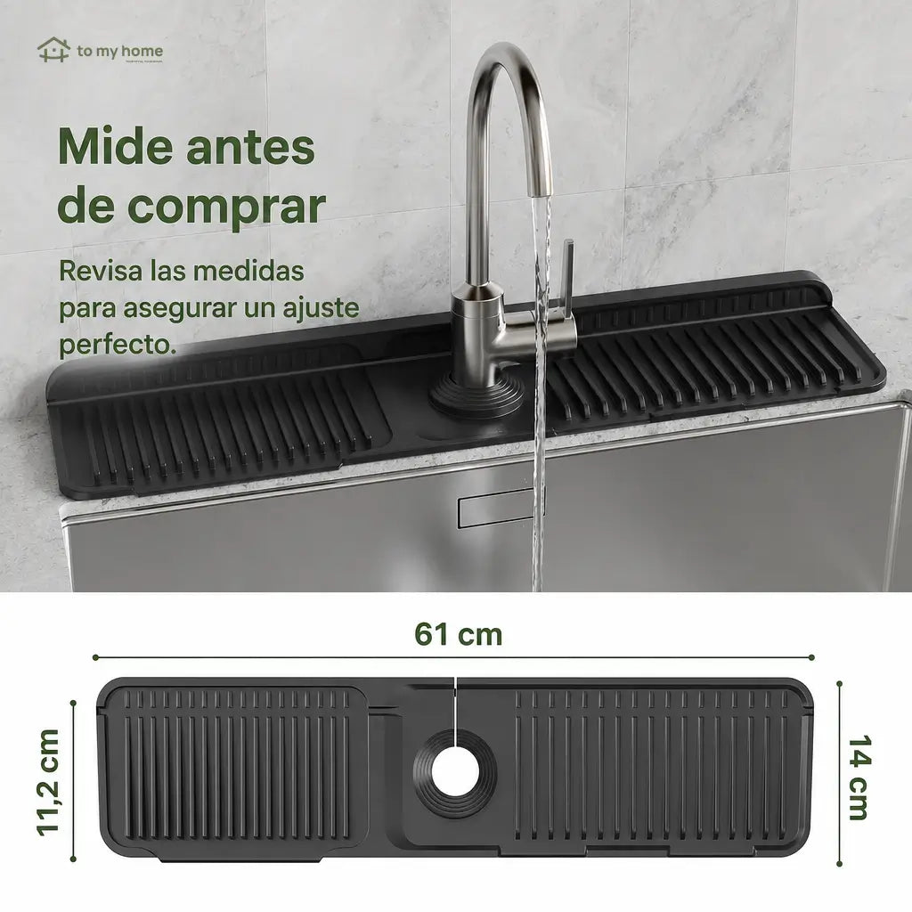 Tapete de silicón para grifo con drenado automático y seguro de botón para mantener seca tu tarja de cocina sin salpicaduras