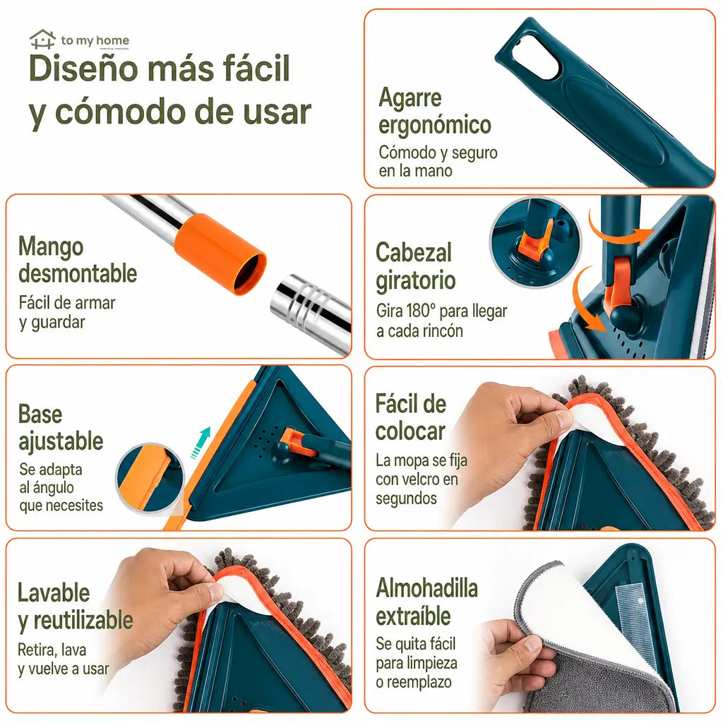 Trapeador de microfibra para paredes con mango ajustable y cabezal 360°, ideal para techos, ventiladores, ventanas, zoclos y pisos del hogar
