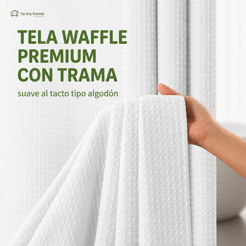 Cortina de baño doble capa impermeable con forro ajustable a presión, diseño waffle moderno para renovar tu regadera sin complicarte la instalación diaria