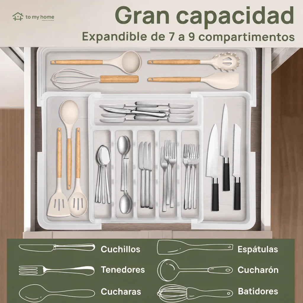 Organizador de cubiertos expandible con 9 compartimentos y base antideslizante para cajón