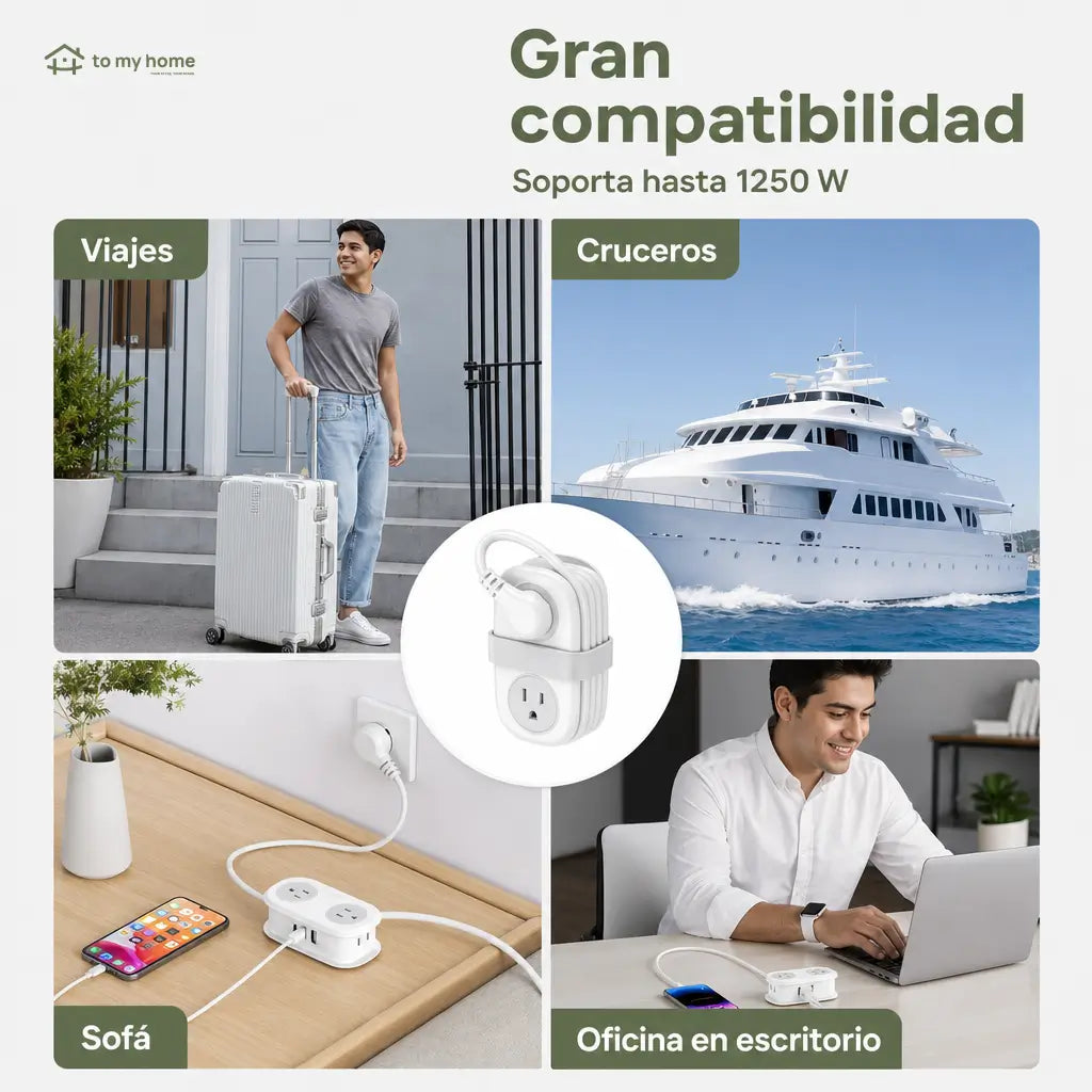Multicontacto de viaje compacto con 4 tomas AC, USB-A y USB-C, cable de 1.25 m para hotel, crucero y escritorio ordenado