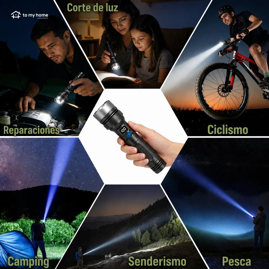 Linterna LED recargable de 2200 lúmenes con power bank, zoom ajustable, pantalla digital y resistencia al agua para camping y emergencias