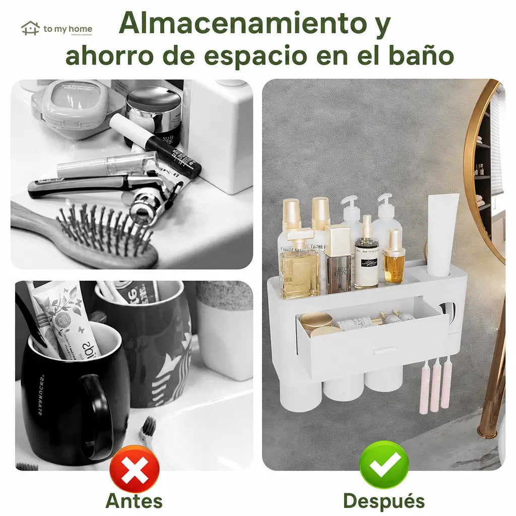 Soporte organizador para baño con dispensador automático doble, vasos invertidos y bandeja amplia para ahorrar espacio junto al lavabo cada mañana