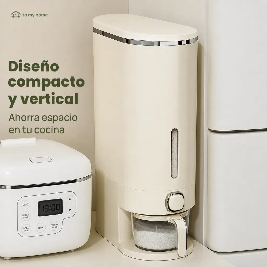 Dispensador hermético de arroz con taza medidora y protección contra insectos para cocina y despensa familiar ordenada de uso diario en casa