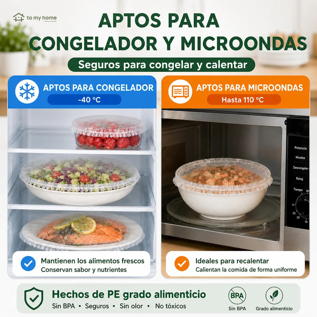 Cubiertas elásticas reutilizables para bowls, platos y recipientes, sin plástico adherente
