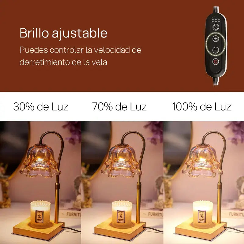 Lámpara calentadora de velas en forma de flor con dos focos, altura ajustable, temporizador y vidrio decorativo para ambiente romántico y cálido