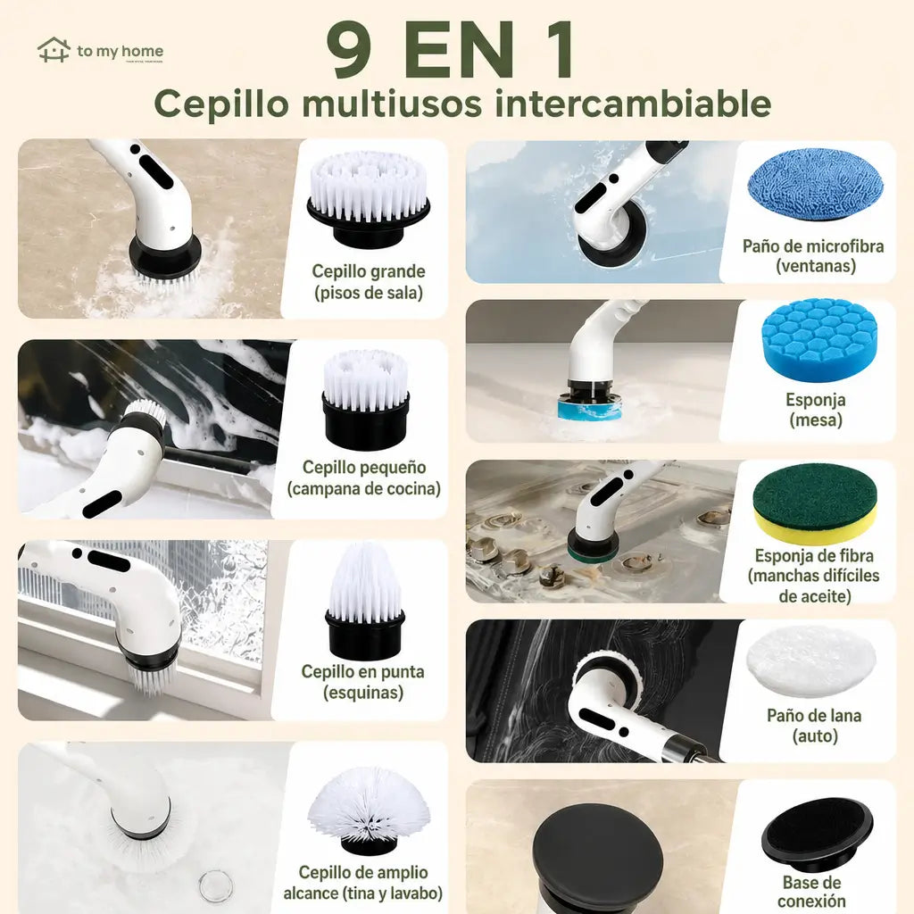 Cepillo eléctrico giratorio inalámbrico IPX7 con 9 cabezales y mango extensible para limpieza profunda de baño, cocina, azulejos y auto