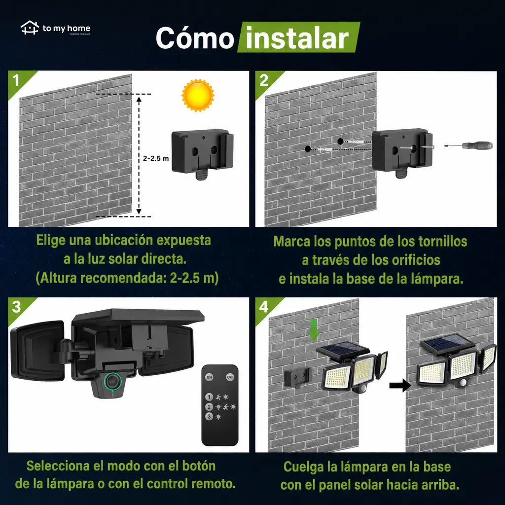 Lámpara solar exterior amplia de seguridad 2500LM con 3 cabezales, sensor de movimiento y control remoto para patio, cochera y jardín