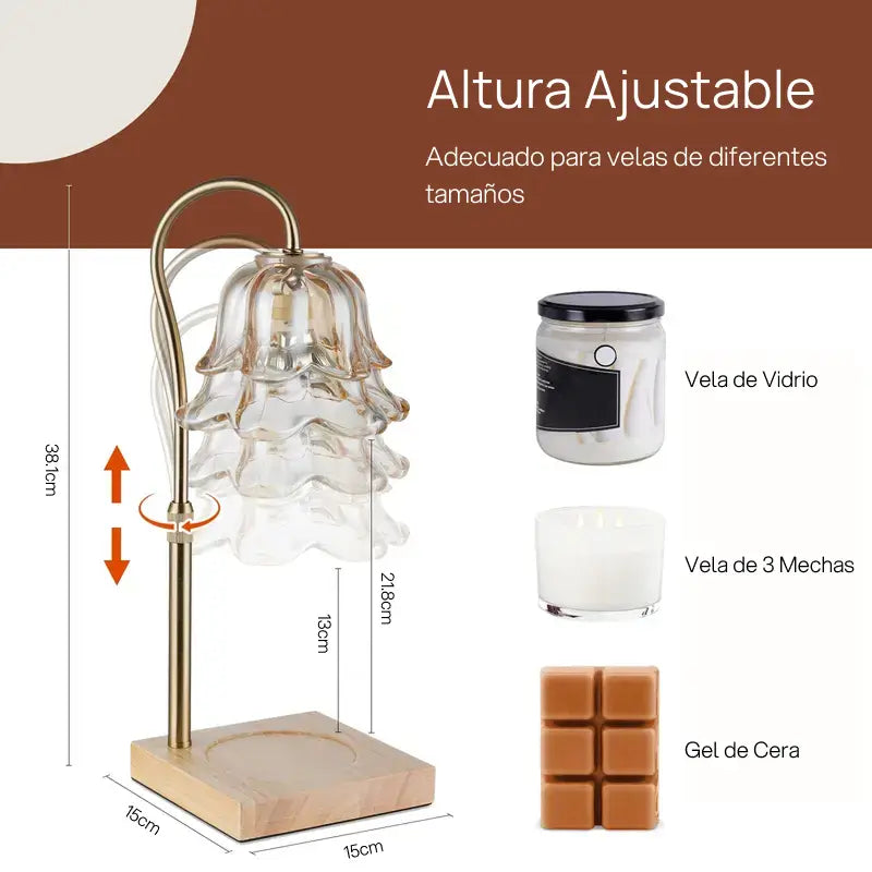 Lámpara calentadora de velas en forma de flor con dos focos, altura ajustable, temporizador y vidrio decorativo para ambiente romántico y cálido