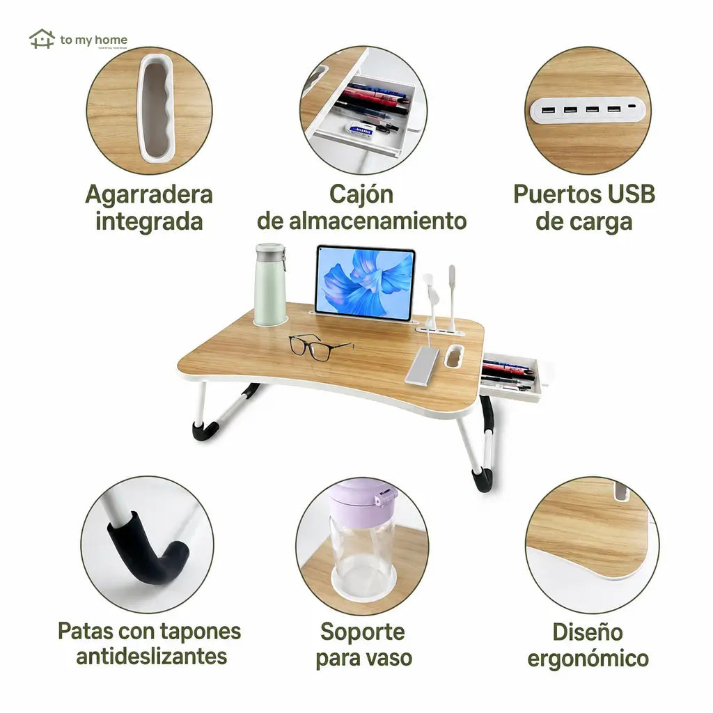 Mesa plegable para laptop con 4 puertos USB, cajón y portavasos para trabajar, leer o estudiar cómodo en cama o sofá