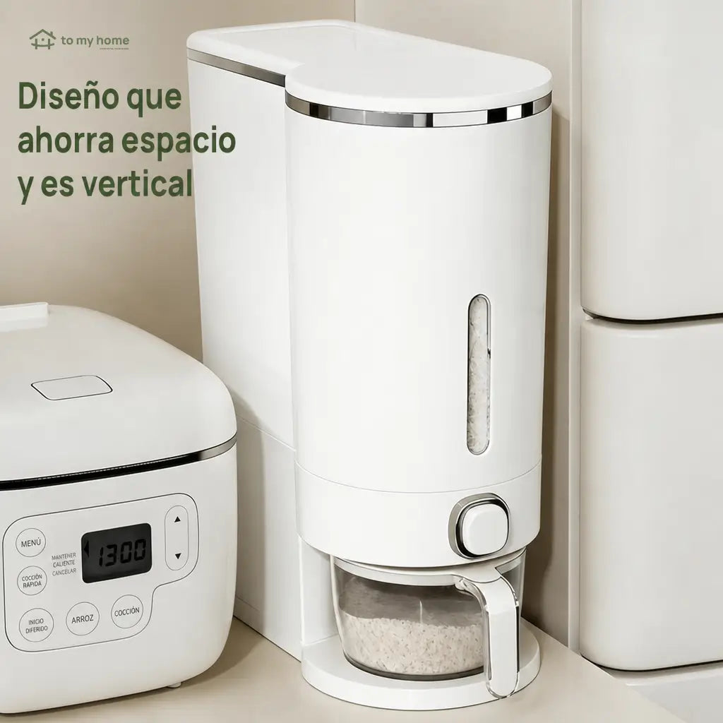 Dispensador hermético de arroz con taza medidora y protección contra insectos para cocina y despensa familiar ordenada de uso diario en casa