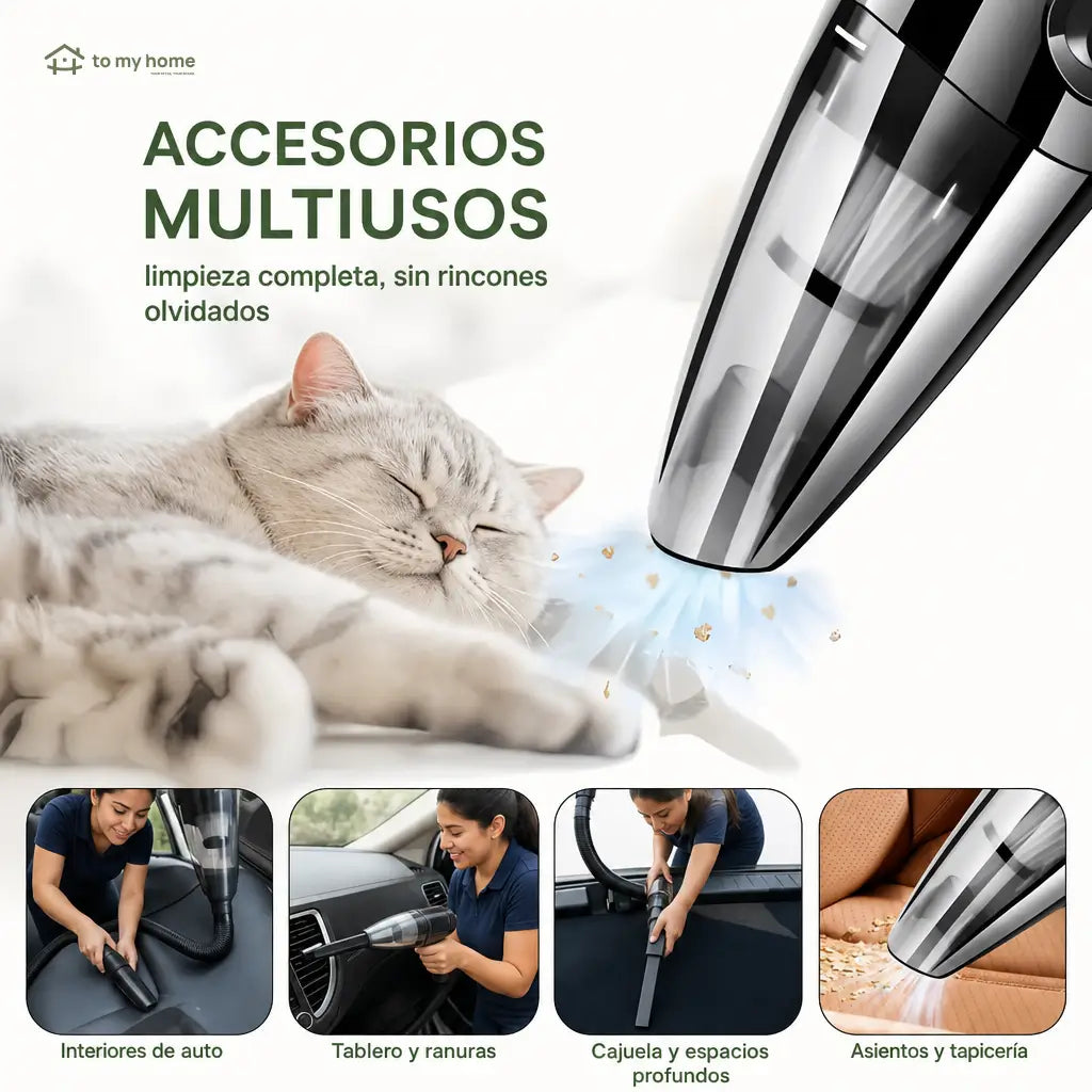 Aspiradora inalámbrica de mano para auto y hogar, succión potente para pelo de mascota, polvo, migas y líquidos con accesorios prácticos