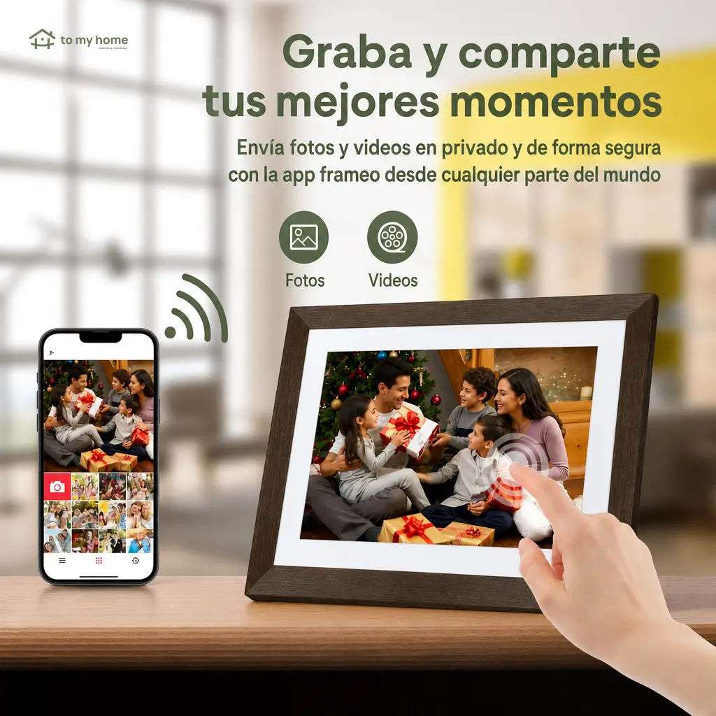 Marco digital para fotos de 10.1" con diseño decorativo de madera, memoria 32GB e instalación sencilla para casa u oficina moderna