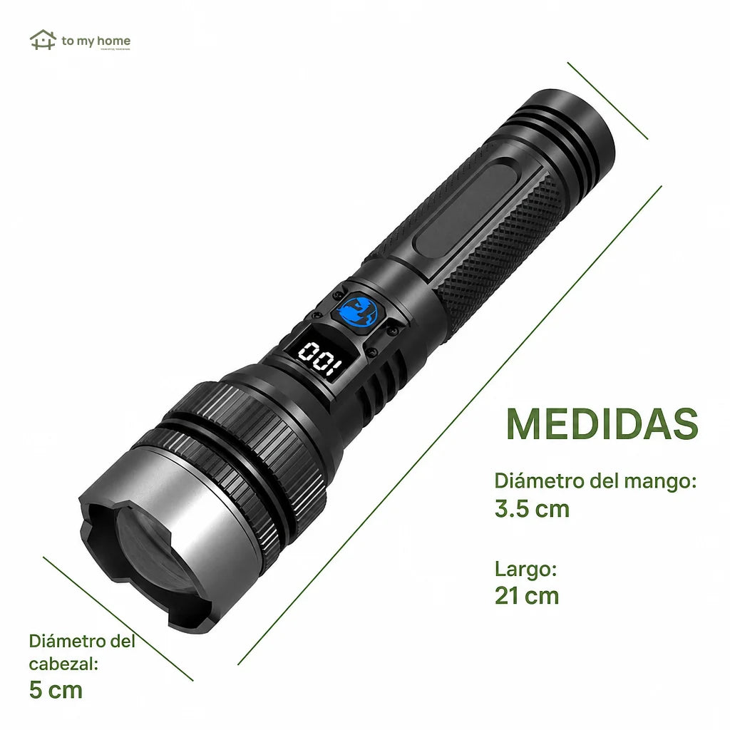 Linterna LED recargable de 2200 lúmenes con power bank, zoom ajustable, pantalla digital y resistencia al agua para camping y emergencias