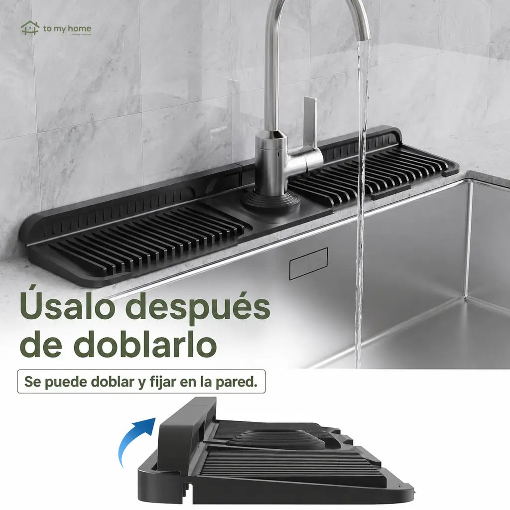 Tapete de silicón para grifo con drenado automático y seguro de botón para mantener seca tu tarja de cocina sin salpicaduras