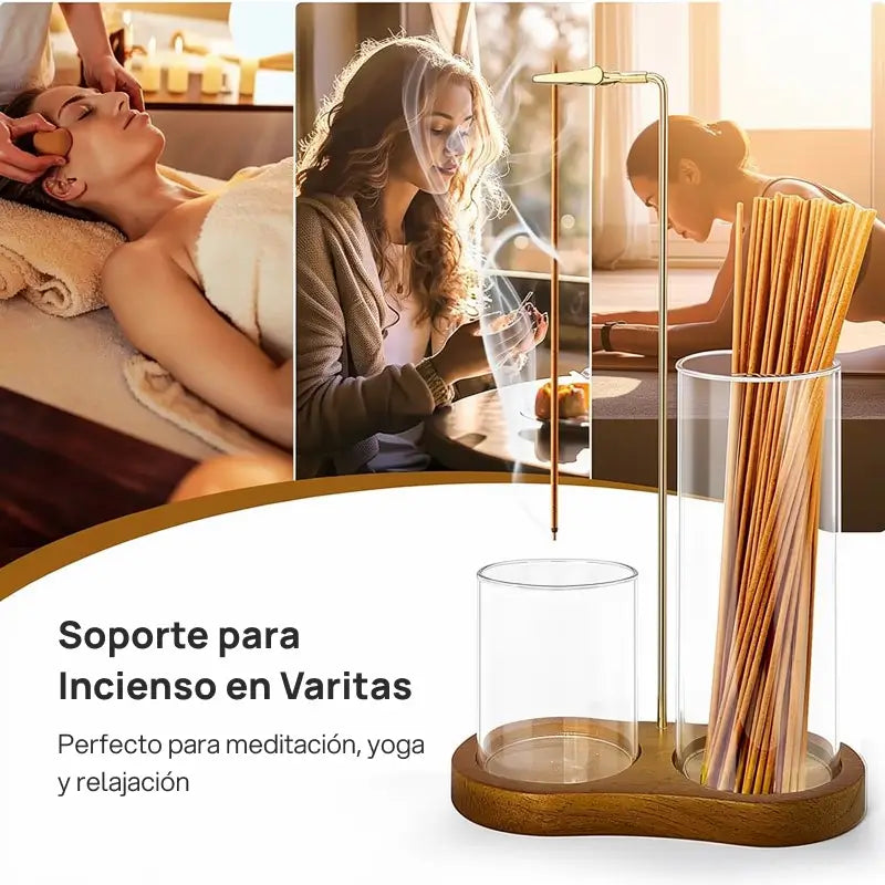 Porta incienso y vela 2 en 1 con base de madera, colector de cenizas en vidrio y difusor aromático decorativo, elegante y funcional para hogar