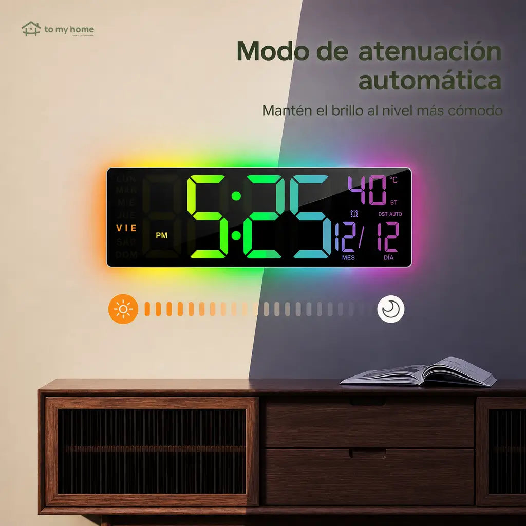 Reloj digital de pared LED 16.5 pulgadas con luz RGB, Bluetooth y alarmas dobles para sala, oficina, cocina o setup gamer