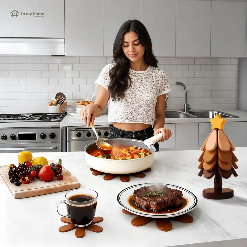 Set de portavasos y salvamanteles de madera resistente al calor con diseño plegable para ollas, platos, tazas y mesa diaria